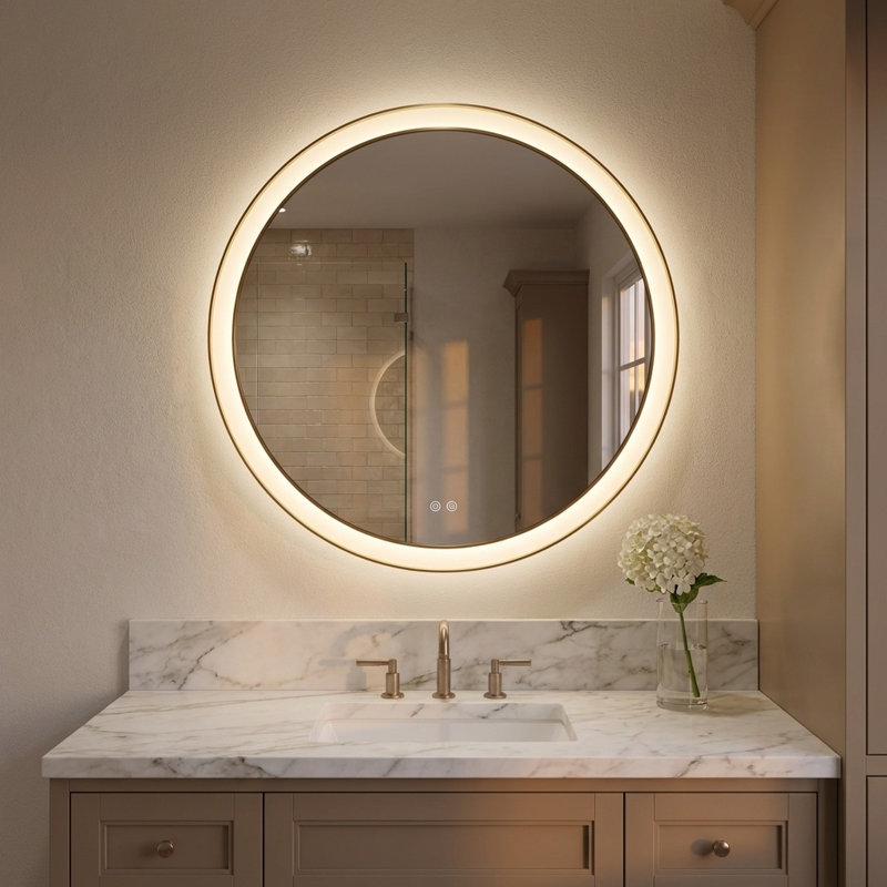 Miroir rond Chopin, H 36 po x l 36 po x P 1,5 po, Laiton bruni