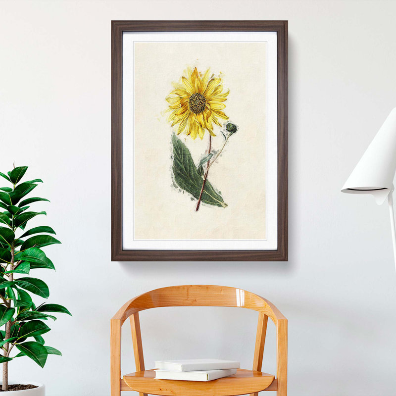 Illustration of a Yellow Sunflower - Picture Frame Painting Print, Walnut Framed, 36cm H x 27cm W x 2cm D