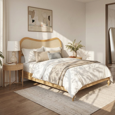 Alinen Mid-Century Modern Platform Bed with Curved Rattan Cane Headboard & Wood Frame