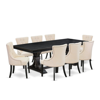 9-piece dining set includes a breakfast table and 8 Light Beige Linen Fabric kitchen chairs & black legs with Button Tufted Back - Sand Blasting Black finish.