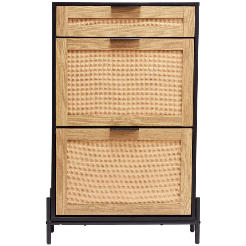 Rattan Shoe Cabinet, Narrow Shoe Storage Organizer with 2 Flip Rattan Drawers & 1 Slide Drawer, Beige Wood/Black