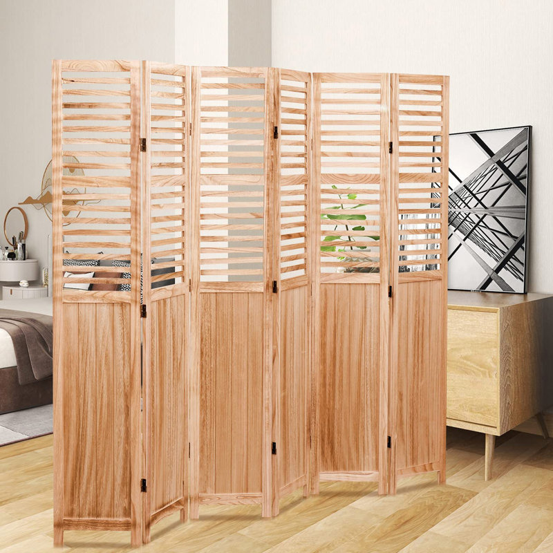 Cloison pliante en bois massif l 82,8 "x H 65", 6 panneaux, naturel