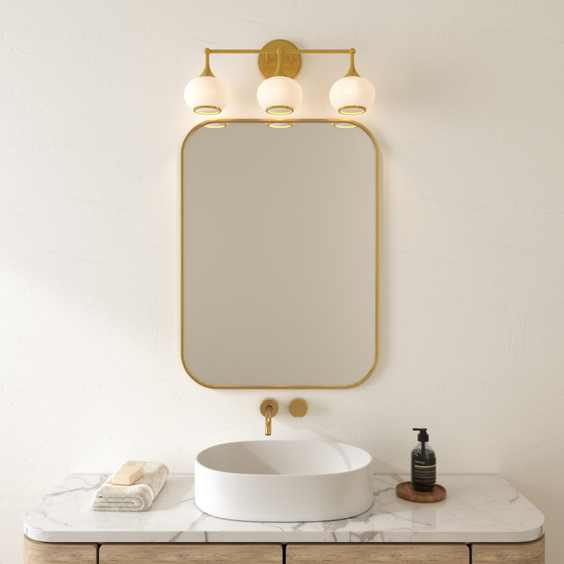 Dimmable Bathroom Wall Light with White Glass Shades, 3, Antique Brass, 27cm H x 60.8cm W x 18.9cm D 