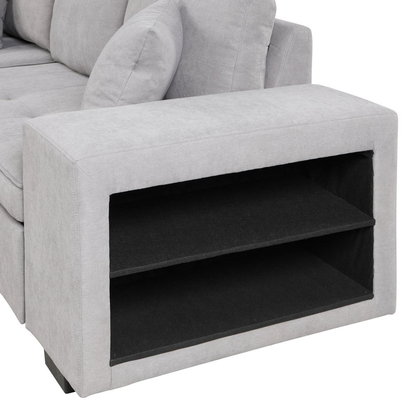 104.5" Reversible L-Shape Bed With Storage Chaise And 2 Stools, Gray Living Room Furniture Sectional Couch, Gray Linen