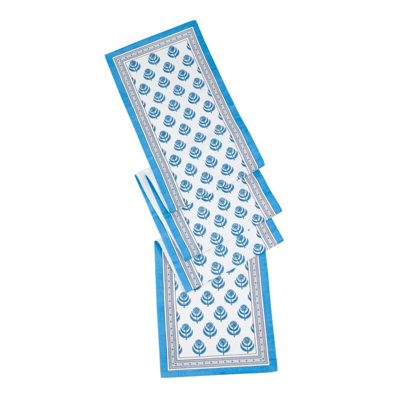 Blue Blooms Block Print Cotton Table Runner, Blue