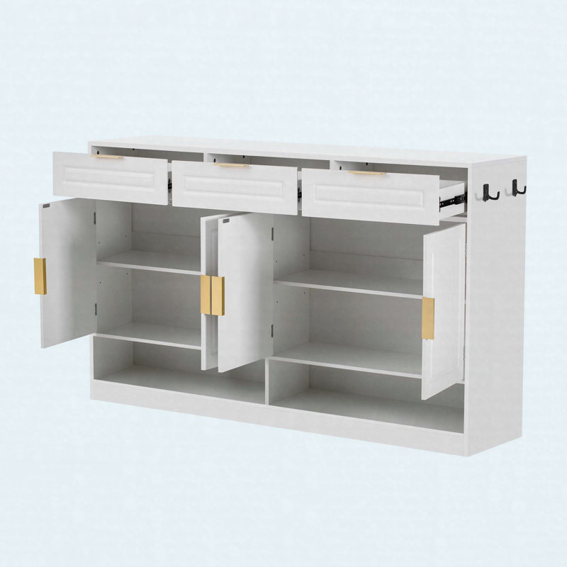 59.1" Farmhouse Sideboard Buffet Cabinet, Storage Cabinet with 3 Drawers, 4 Doors and Adjustable Shelf, White