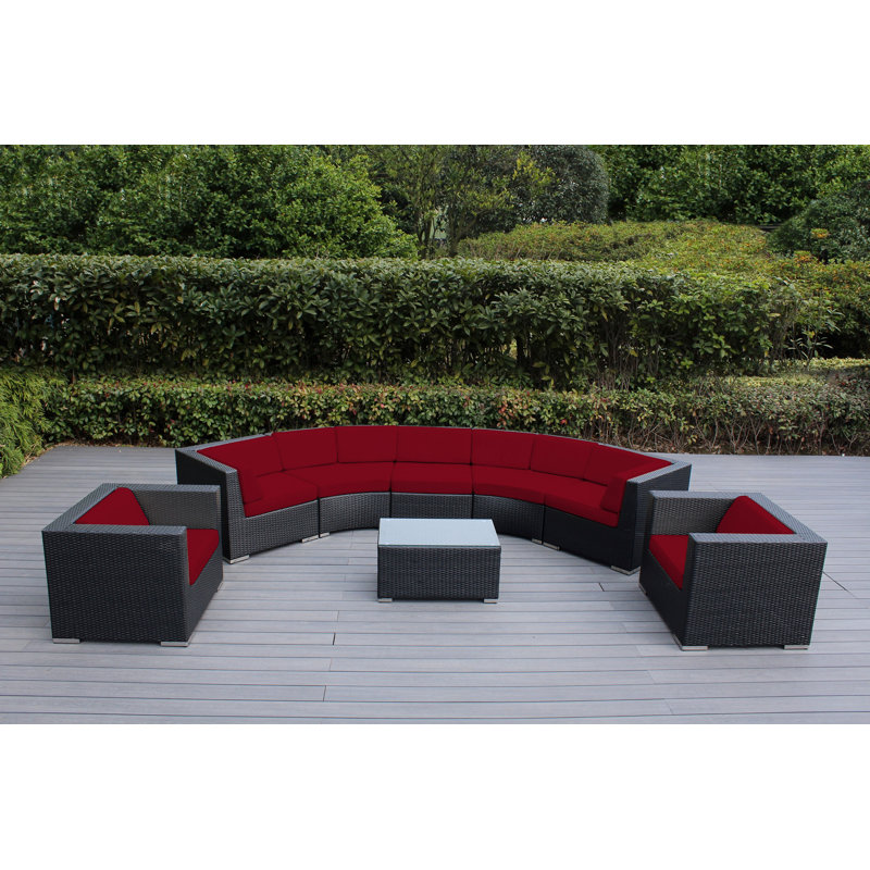Billyjo Wicker 7 - Person Curved Seating Group with Cushions - No Assembly, Canvas Jockey Red Sunbrella® Canvas, Black