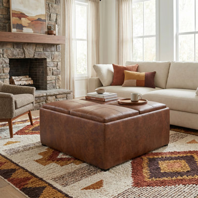 Repose-pieds de rangement pour table basse moderne carrée en cuir végétalien vieilli 35 po avec 4 plateaux Avalon