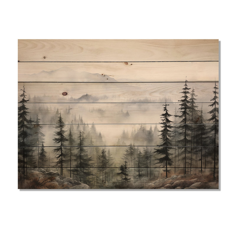 Pin, montagne brumeuse II sur bois, H 24 po x l 32 po x P 0,78 po