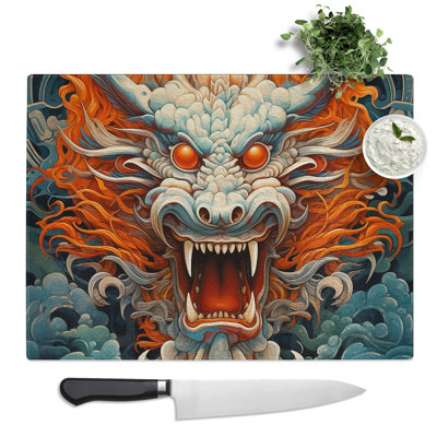 Chinese Dragon Geometric Art  Glass Chopping Board