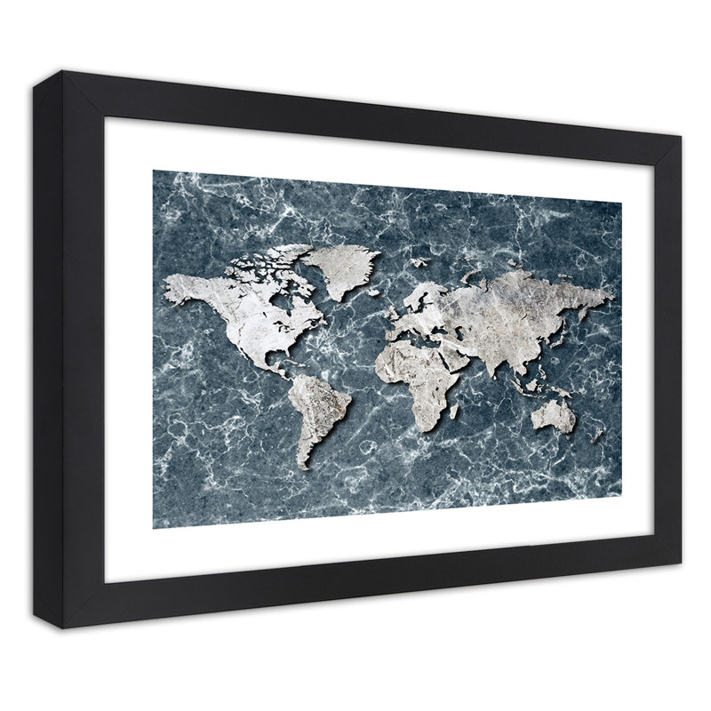 World Map in Marble Grey 1 Piece Single Picture Frame Wall Art, 20cm H x 30cm W, Black