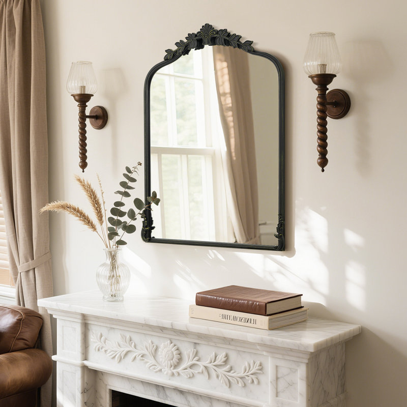 Vintage Metal Wall Mirror – Ornate Antique Vanity Mirror with Iron Frame, Black, 32” x 24”