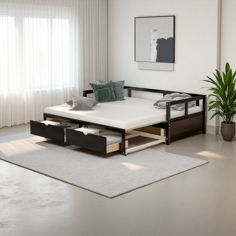 Wooden Daybed With Trundle Bed And Two Storage Drawers , Extendable Bed Daybed,Sofa Bed For Bedroom Living Room, Espresso