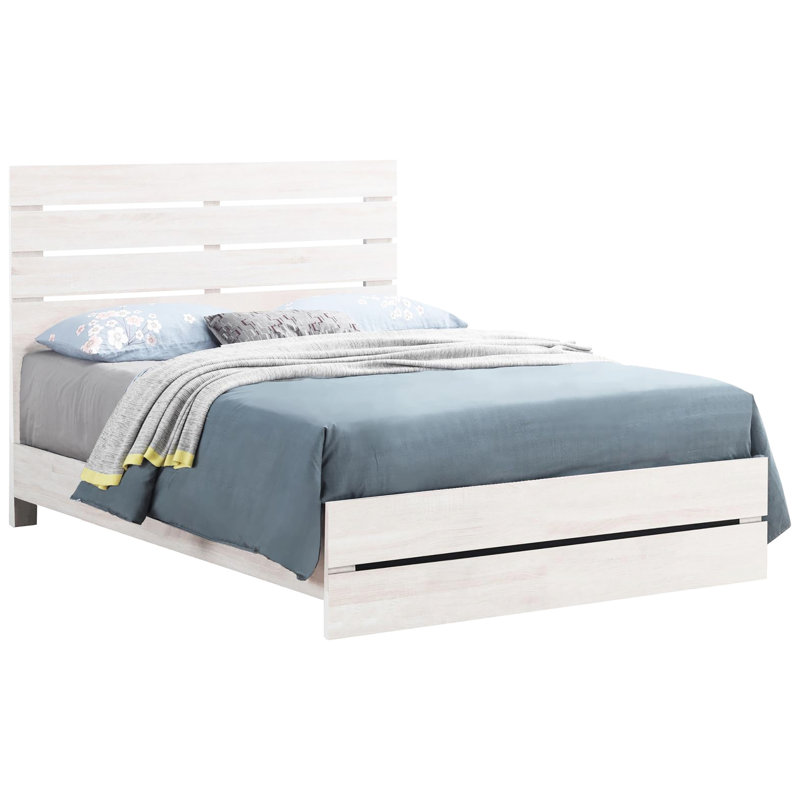 Grand lit avec tête de lit à lattes intemporelle - Bois pour chambre à coucher Chic rustique en placage 3D blanc bord de mer