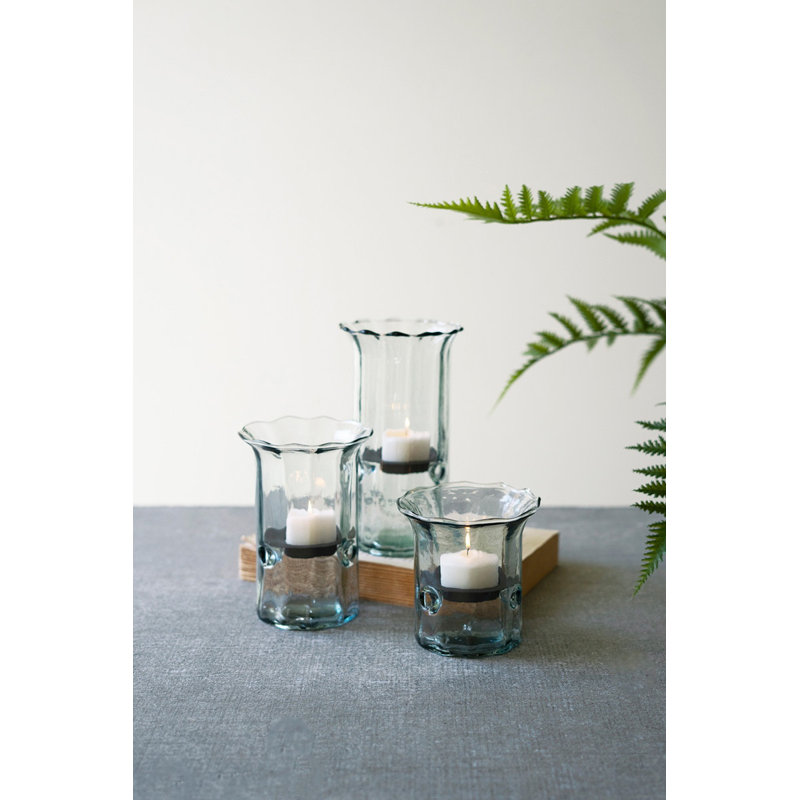  Ensemble de 3 porte-bougies côtelées en verre recyclé Handblown - hauteur 7 po