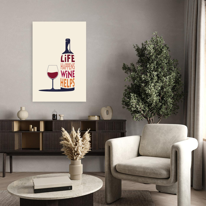 Art mural moderne minimaliste Life Happens Wine Helps, H 36 po x l 24 po