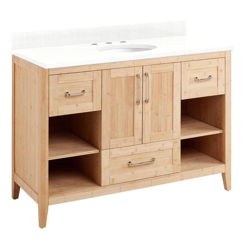 Ensemble de meuble-lavabo simple 48 po avec lavabo encastré ovale Burfield, 8 po, Quartz blanc plume, Blanc
