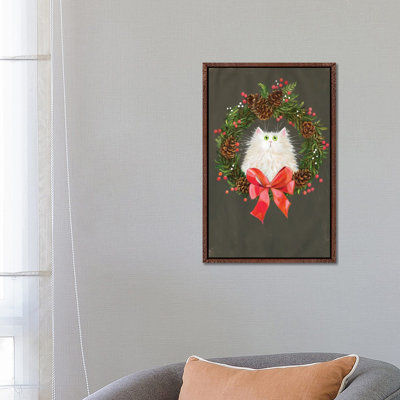 Festive Wreath White Cat by Kim Haskins - Print on Canvas