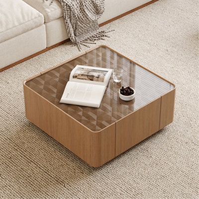 Table basse de 31,5 pouces carrée avec tiroirs de rangement, table basse moderne en bois avec plateau en verre, tables de centre de table de thé pour le bureau du salon