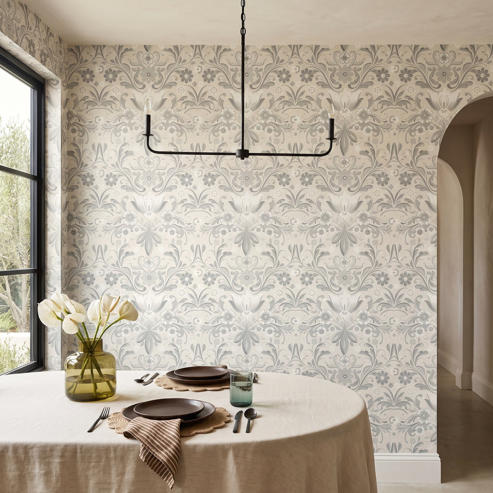 Toddy Floral Wallpaper, Light Gray