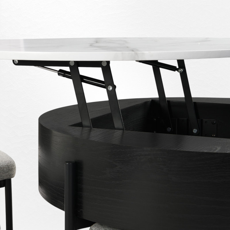 Modern Round Lift-Top Coffee Table with Storage & 3 Ottoman, Black