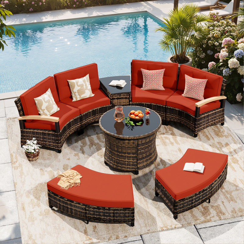 Meissalivve 8-Piece Half-Moon Curved Outdoor Patio Furniture Set, Sectional Conversation Sofa With 2 Half-Moon Ottomans, Round Coffee Tables For Backyard Deck Garden, Red