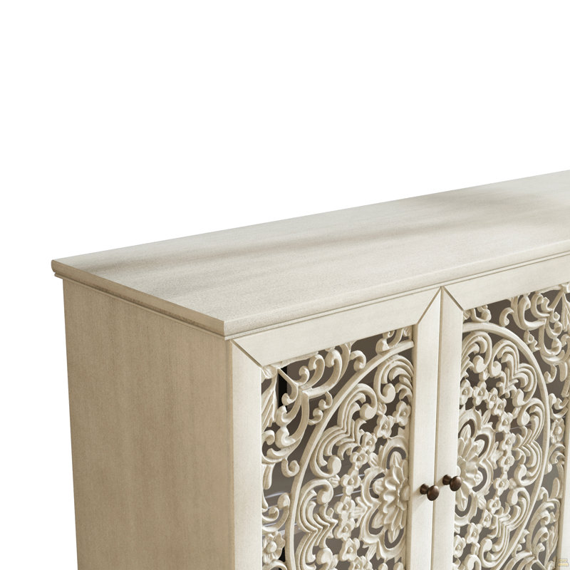 Buffet 60 "avec sculptures florales avec pieds en bois massif et poignées en laiton antique et tablettes réglables, Gris