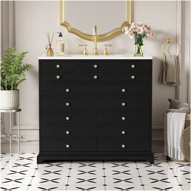 Ensemble de meuble-lavabo 36 po avec lavabo en céramique, meuble de rangement à structure en bois, ensemble de meuble-lavabo autoportant avec 2 tiroirs et portes à fermeture douce, noir