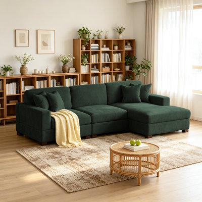 3 - Piece Upholstered Green Chenille Modular Sectional Sofa with Armrests & Throw Pillows