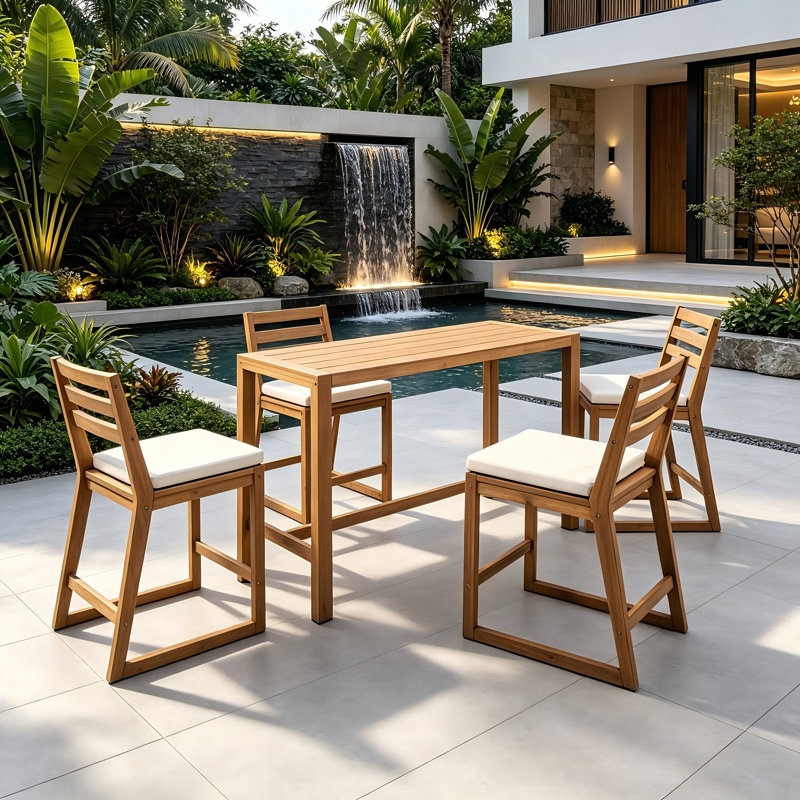 5 Piece Rustic Solid Wood Patio Bar Set, Outdoor Bar Table & Ergonomic Slatted Chairs for Backyard Porch Poolside, Light Teak