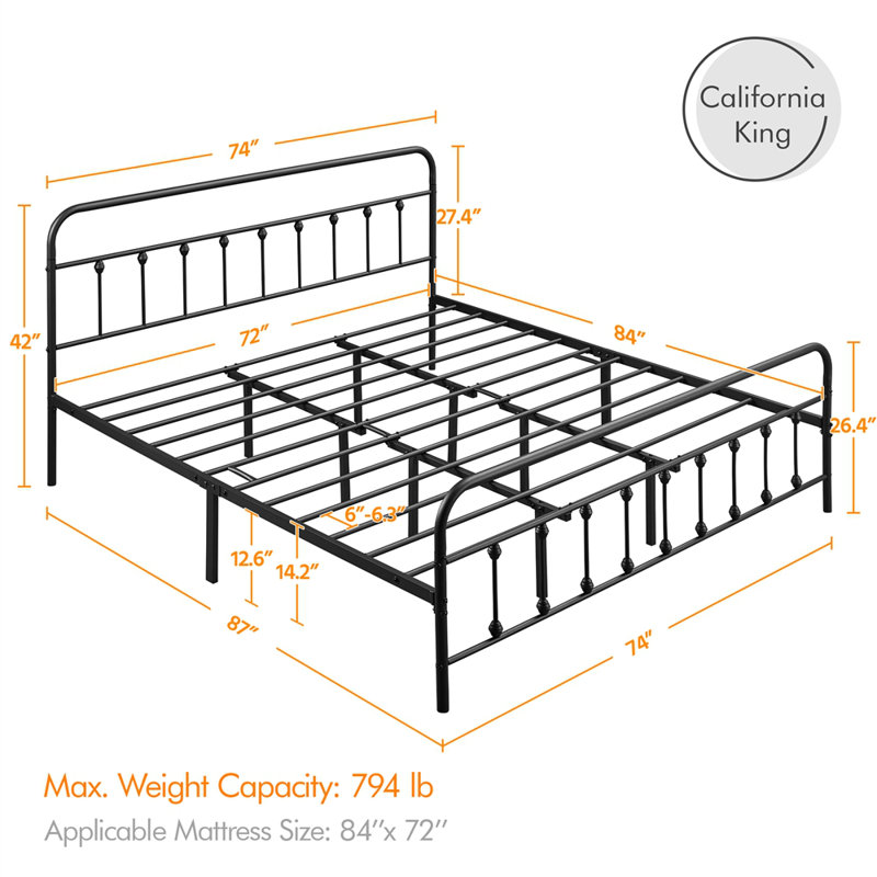 Black Metal California King Bed Frame with High Headboard