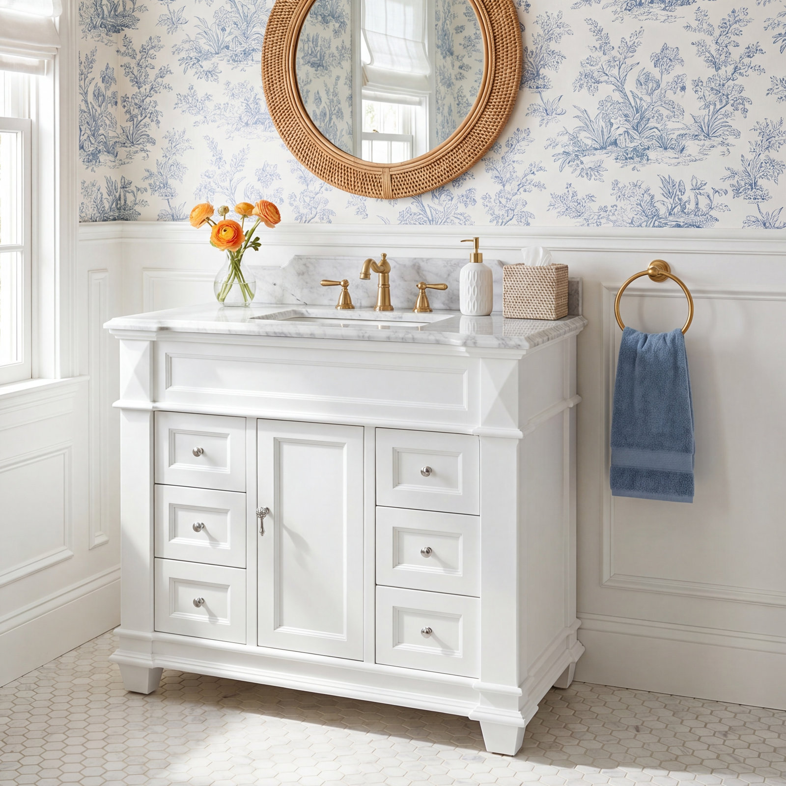 Ensa 42'' Single Bathroom Vanity, White, Carrara Marble