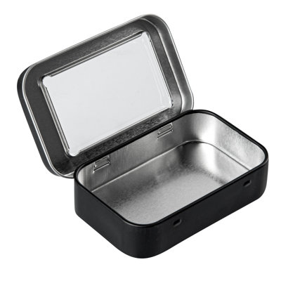 Restaurantware-RW Base 4.5 Ounce Rectangular Tin Containers, 100 Durable Tin Boxes With Lids - Clear Window Lids, Rounded Edges, Black Storage Containers, Customizable, Fits Mints, Or Pills