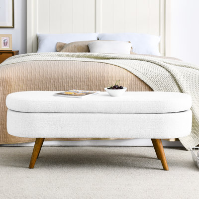 Banc de rangement en lin blanc avec pieds en bois d'hévéa