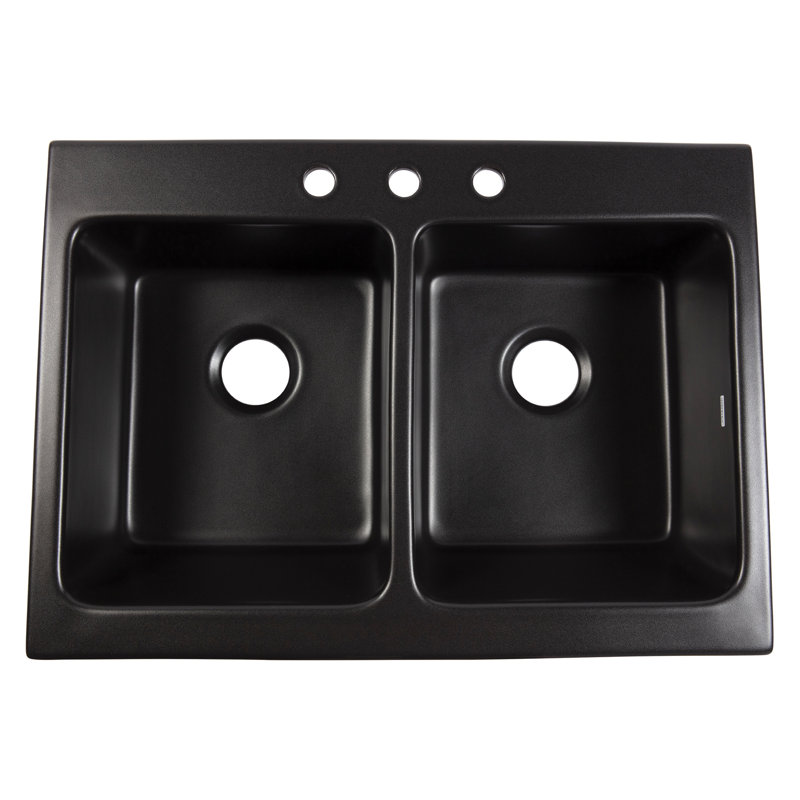 Parker Matte Black Fireclay 34" Double Bowl Quick-Fit Farmhouse Apron Front Drop-in Kitchen Sink and Drains