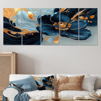 «Golden Arrangement», velours bleu, marguerites, encre I - Art mural boutons d'or - Décoration murale traditionnelle