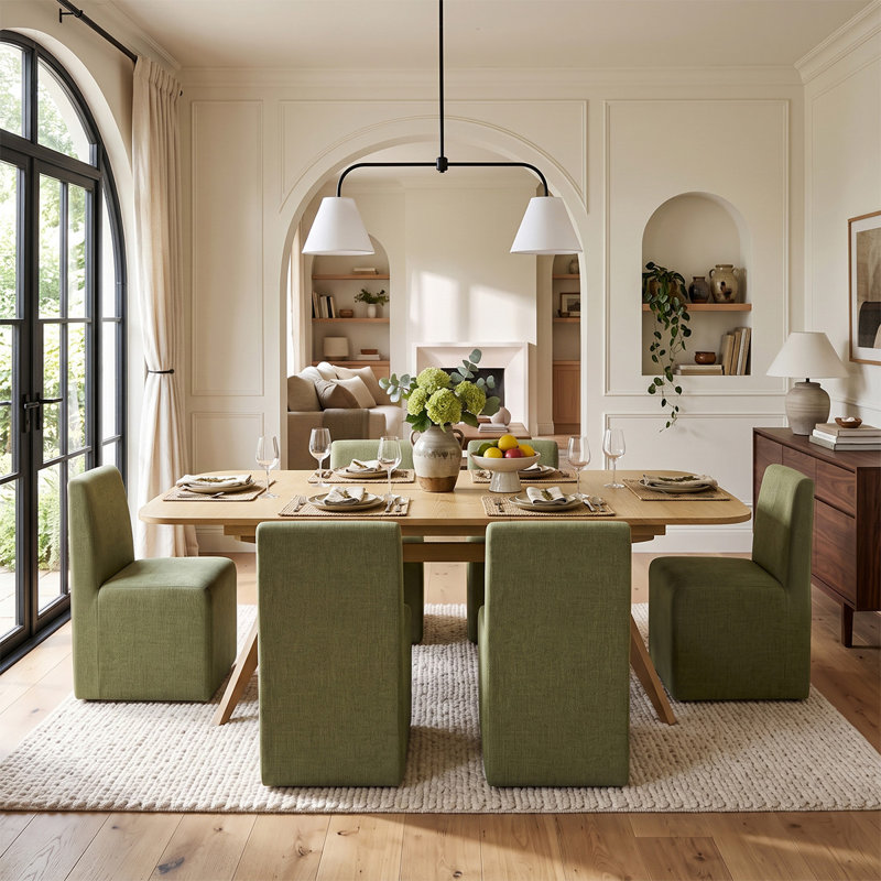 Ensemble de table de salle à manger extensible en placage de bois de 78 à 96 po avec 6 chaises à roulettes en mélange de lin