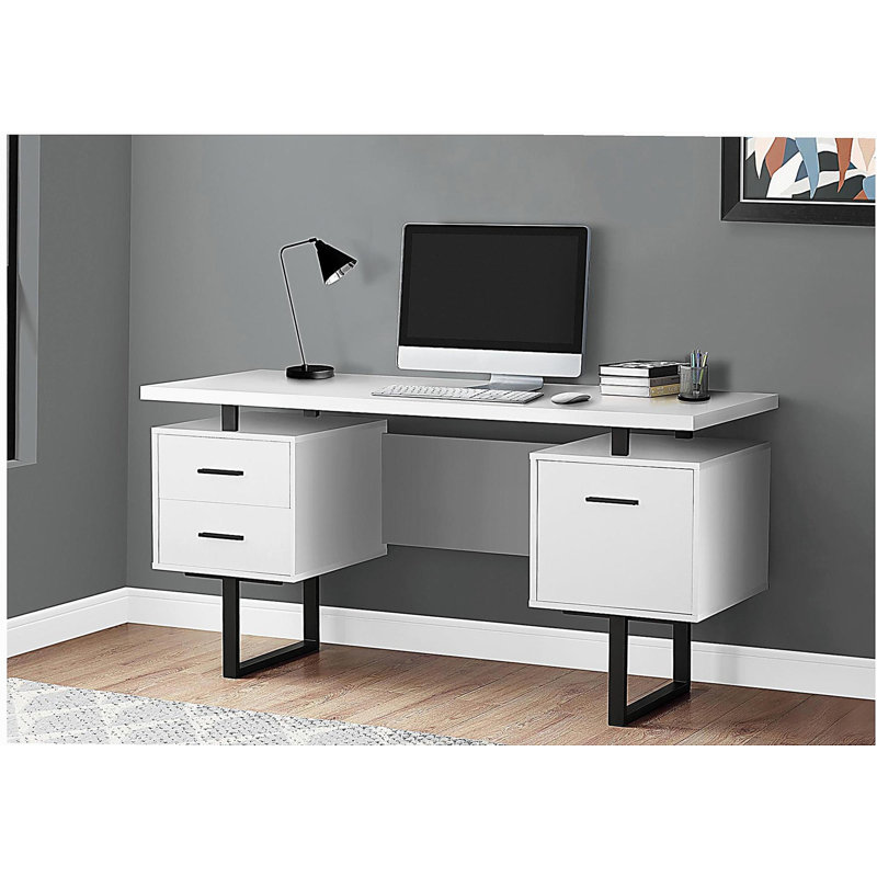 Bureau d'ordinateur, bureau à domicile, ordinateur portable, installation à gauche, à droite, tiroirs de rangement, 60 po, travail, stratifié de béton noir et gris, métal noir, contemporain, moderne