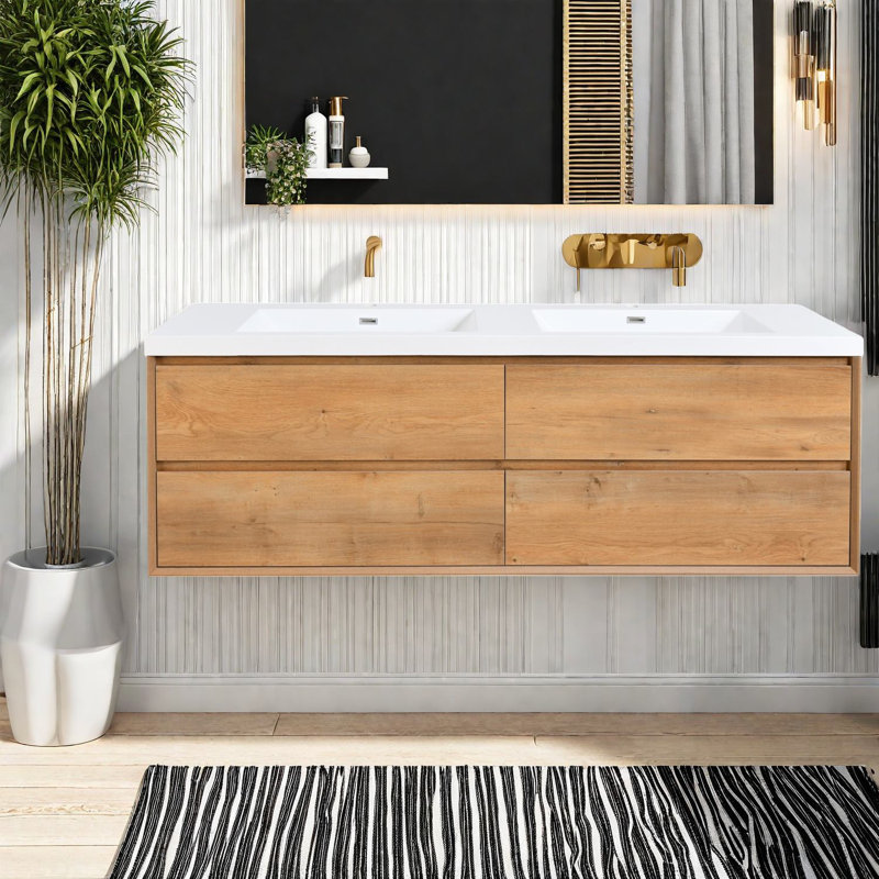 Meuble-lavabo moderne en chêne doré avec évier, rangement spacieux