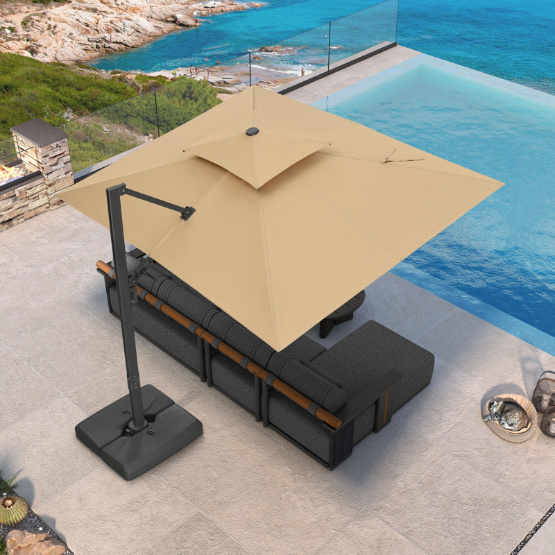 Grand parasol 108 po x 144 po rectangulaire extérieur en porte-à-faux beige avec base et rotation à 360 degrés, Beige