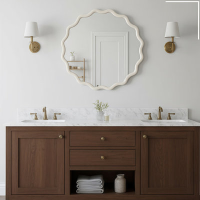 Miroir décoratif rond ondulé de 30 pouces, miroir mural esthétique en bois massif blanc, miroir de coiffeuse Boho pour salle de bain, chambre à coucher, entrée et salon