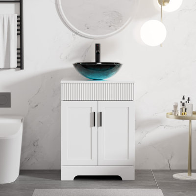 Ensemble de meuble-lavabo simple autoportant 24 po avec comptoir en bois manufacturé, lavabo vasque, robinet et drain, peint à la main résistant à l'eau