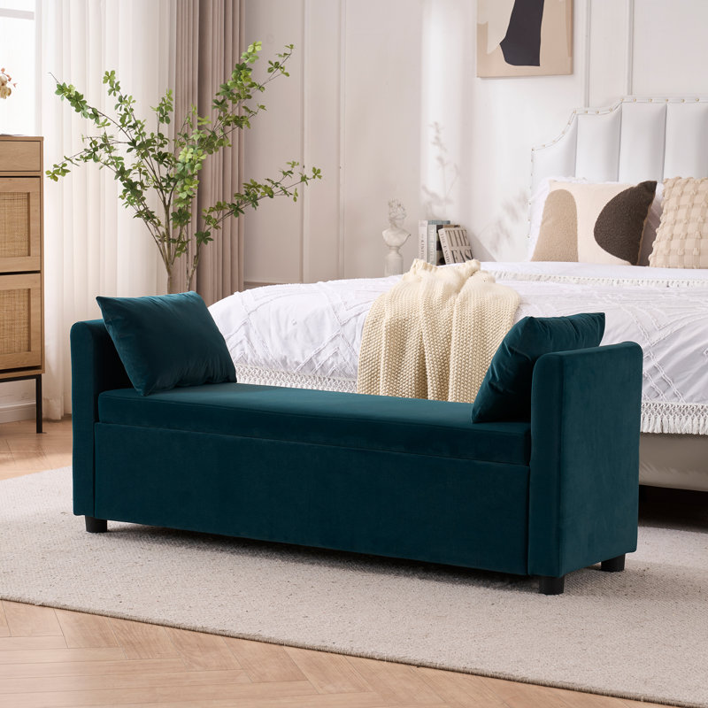 Banc rembourré avec rangement pour très grand lit Shaneta, Bleu sarcelle