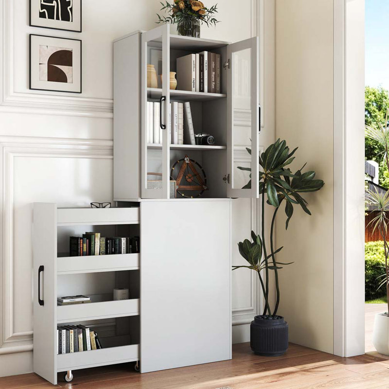 Alice 70.87" Display Storage Cabinet with Glass Doors & Pull-Out Shelves, White