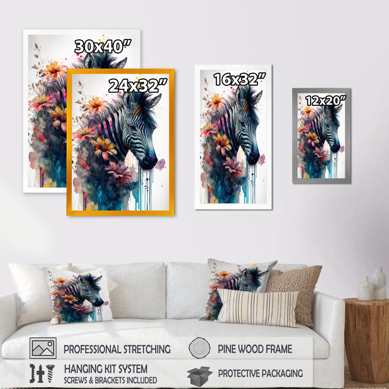 Mignon zèbre, art floral - art mural zèbre, H 20 po x l 12 po x P 1 po, Cadre photo noir
