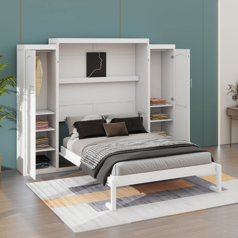 Lit escamotable peu encombrant avec garde-robes doubles et tablette de rangement pratique, Lit double, Blanc