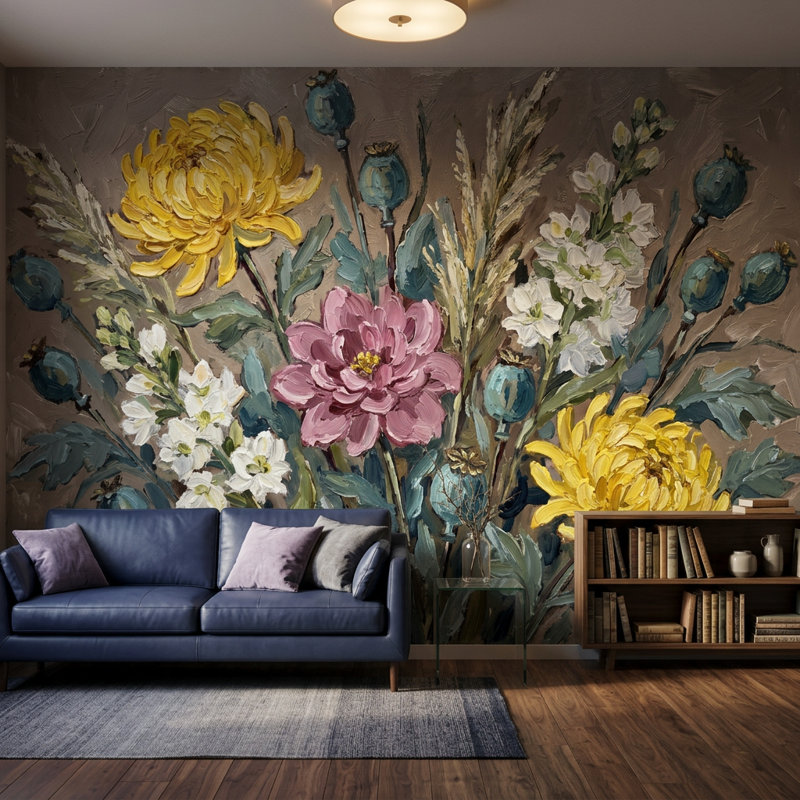Papier peint amovible de jardin botanique jaune avec dahlia mauve, 200 po x 120 po, Non-Woven Nonpasted