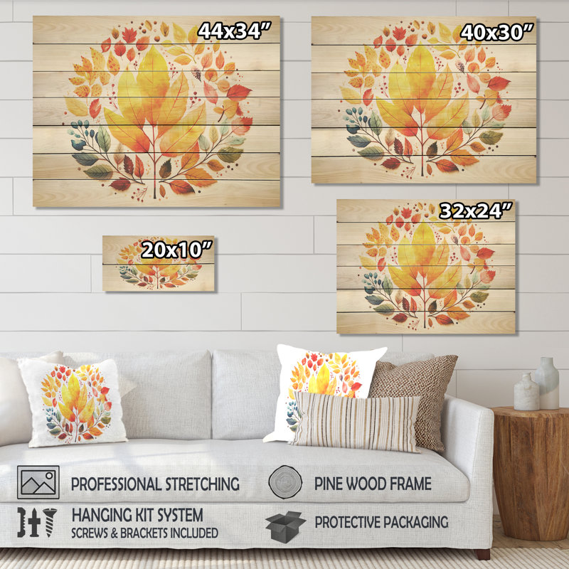 Feuilles d'automne jaunes et rouges - Érable sur bois, impression sur bois, H 24 po x l 32 po x P 0,78 po