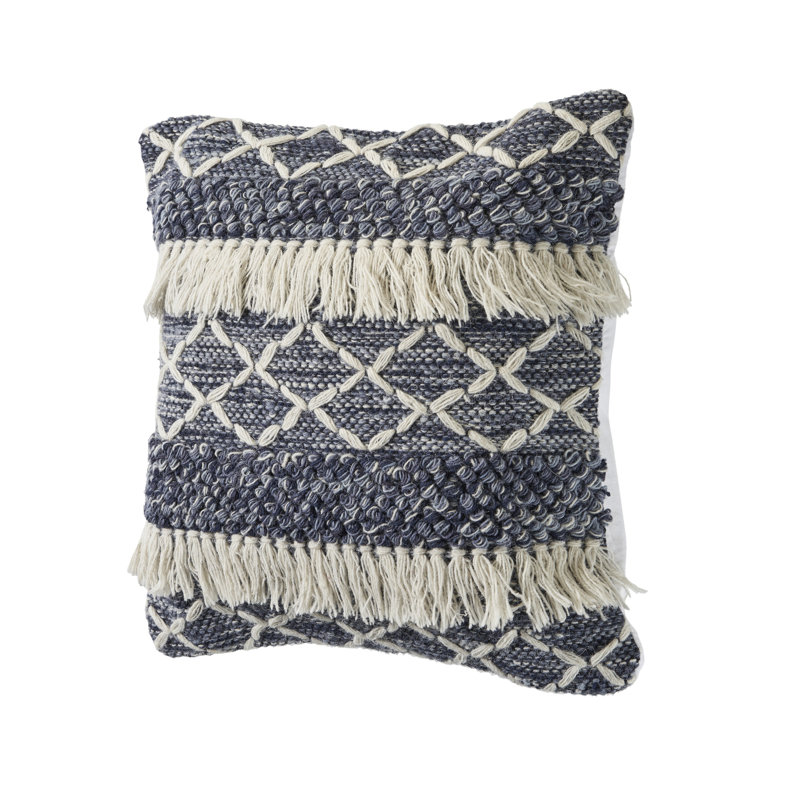 Navy and Ivory Embroidered Wool Square Throw Pillow