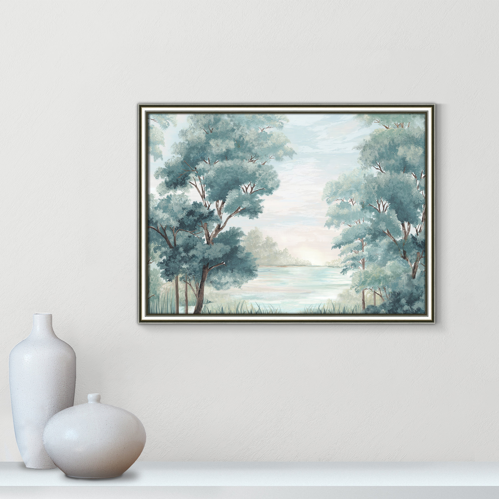 Calm Forest River, 18.25" H x 24.25" W x 0.87" D, Silver Framed